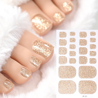 Gold Glitter Toe Nail Stickers – Waterproof Foot Art Decals | No Glue Needed, Perfect for Pedicures.