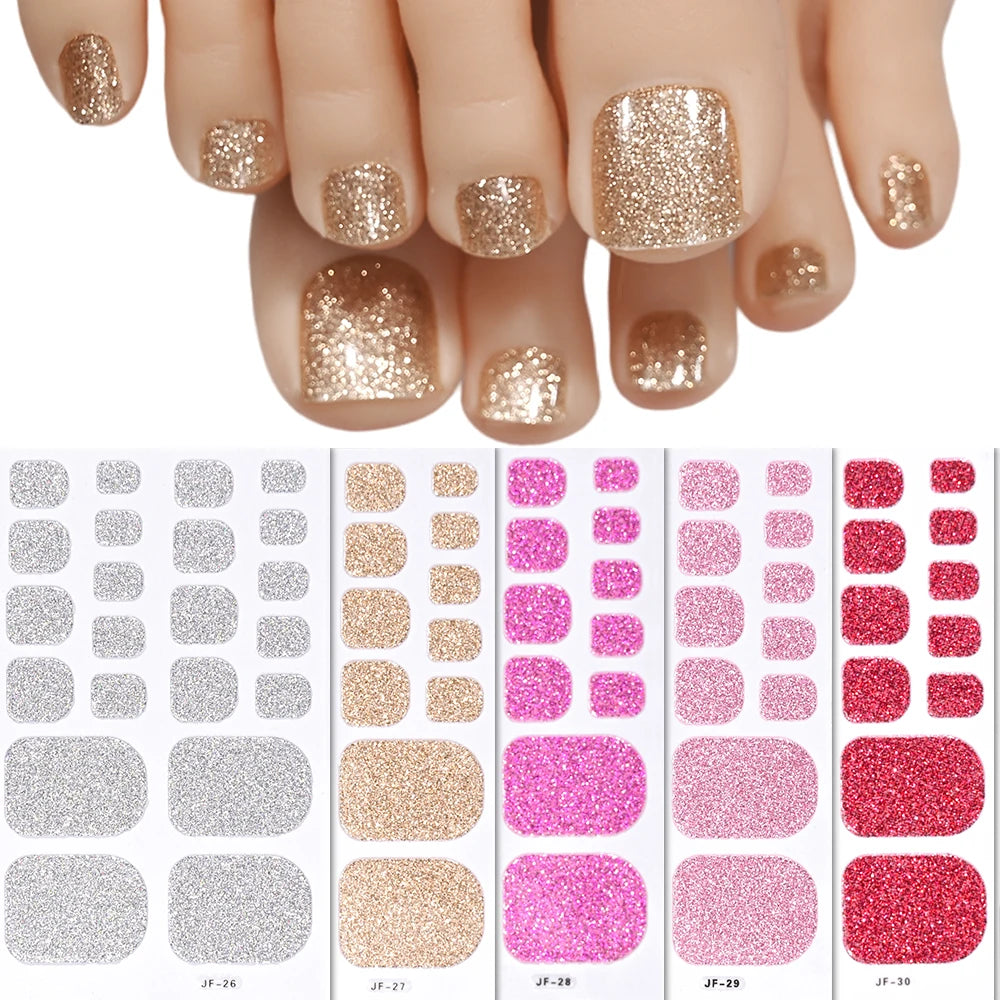 Gold Glitter Toe Nail Stickers – Waterproof Foot Art Decals | No Glue Needed, Perfect for Pedicures.
