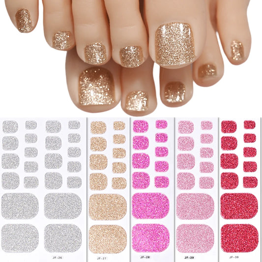 Gold Glitter Toe Nail Stickers – Waterproof Foot Art Decals | No Glue Needed, Perfect for Pedicures.
