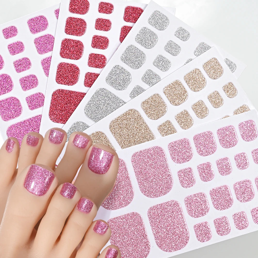 Gold Glitter Toe Nail Stickers – Waterproof Foot Art Decals | No Glue Needed, Perfect for Pedicures.