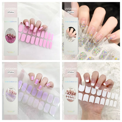 Aurora Full Cover Gel Nail Stickers: Nude Semi-Cured Adhesive, Waterproof & Long-Lasting (UV Lamp Required