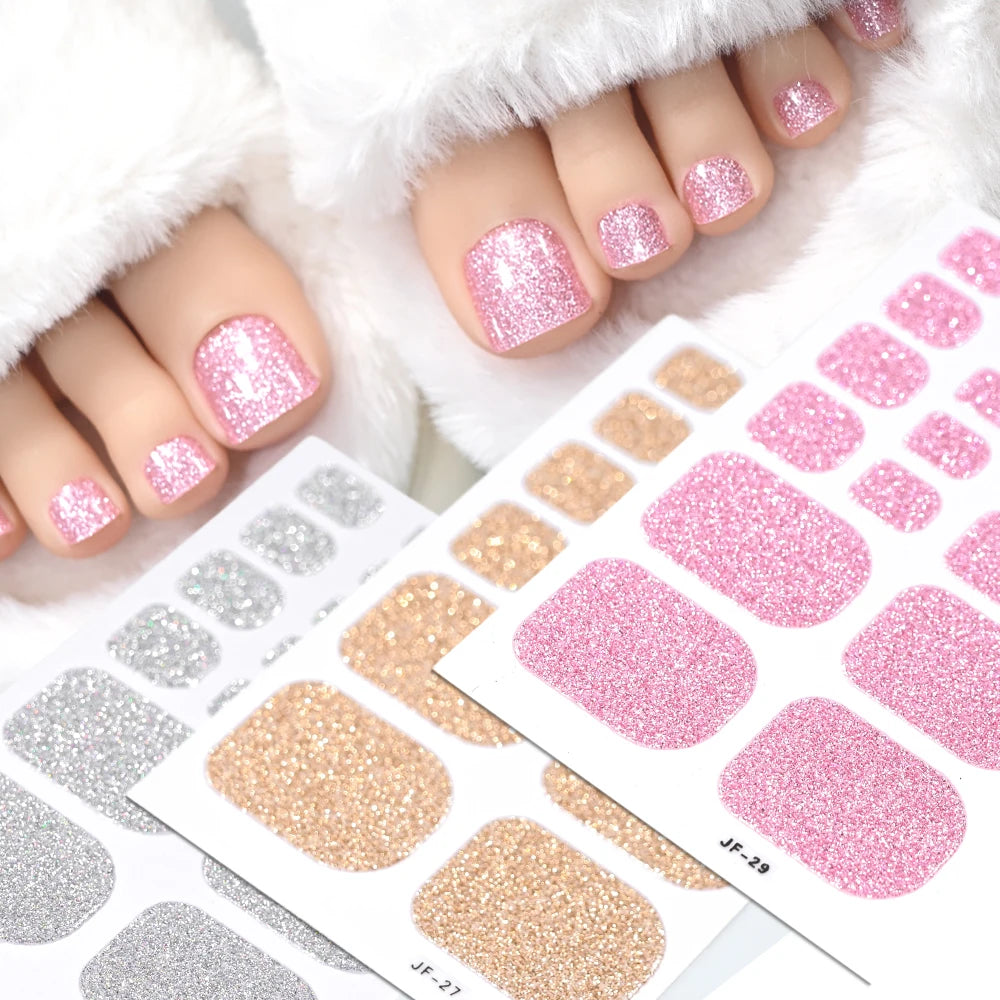 Gold Glitter Toe Nail Stickers – Waterproof Foot Art Decals | No Glue Needed, Perfect for Pedicures.